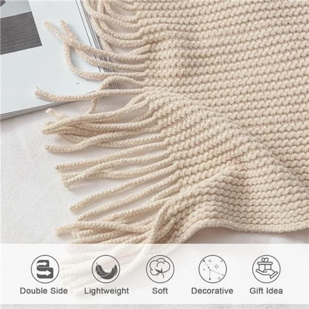 Throw Blanket for Couch, Soft Boho Decor Bed Throw,Cozy White Chenille